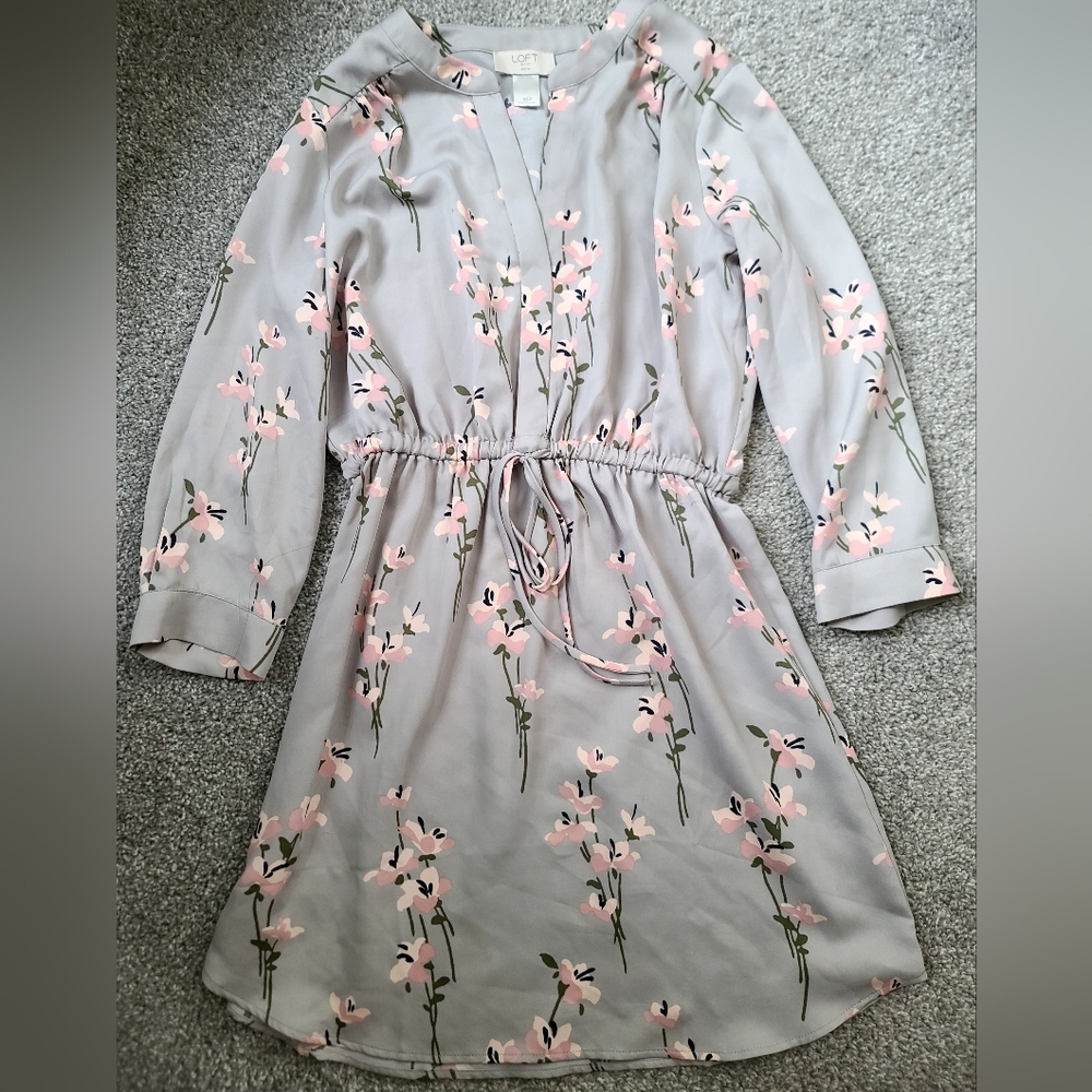 LOFT Gray Pink Flower Smocked Sundress
